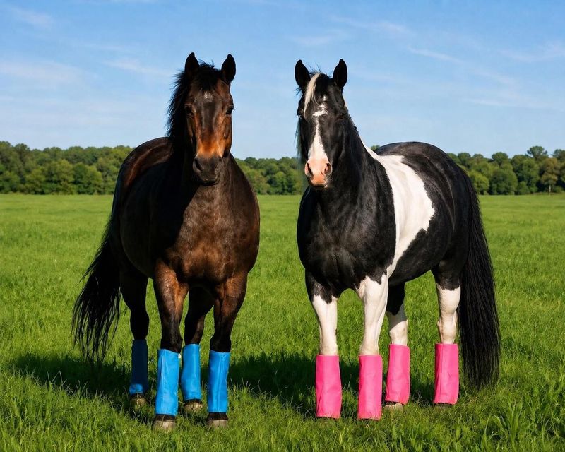 A bay horse and a pinto horse standing in a grassy field wearing bright leg boots